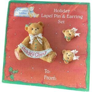 Cherished Teddies Holiday Lapel Pin & Earring Set
